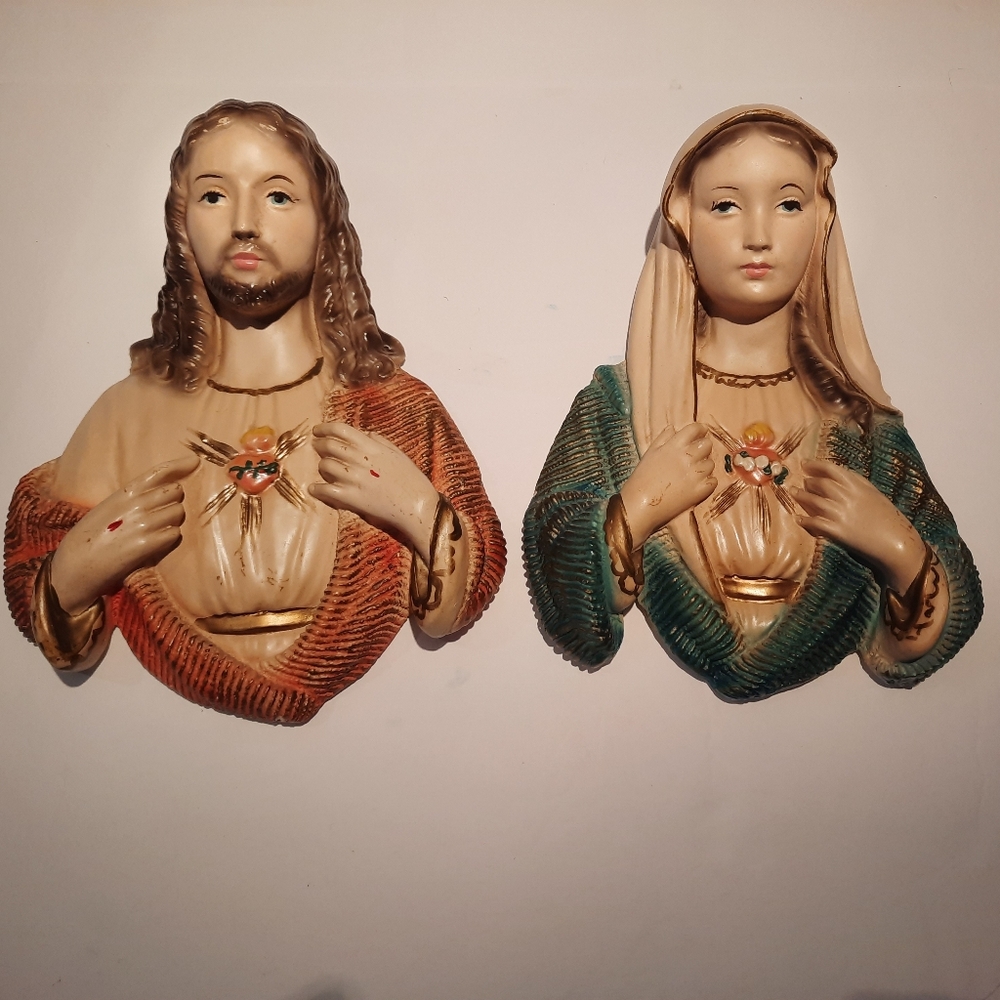 Mary And Jesus Sacred Heart Wall Plaques, Vintage, 1950s